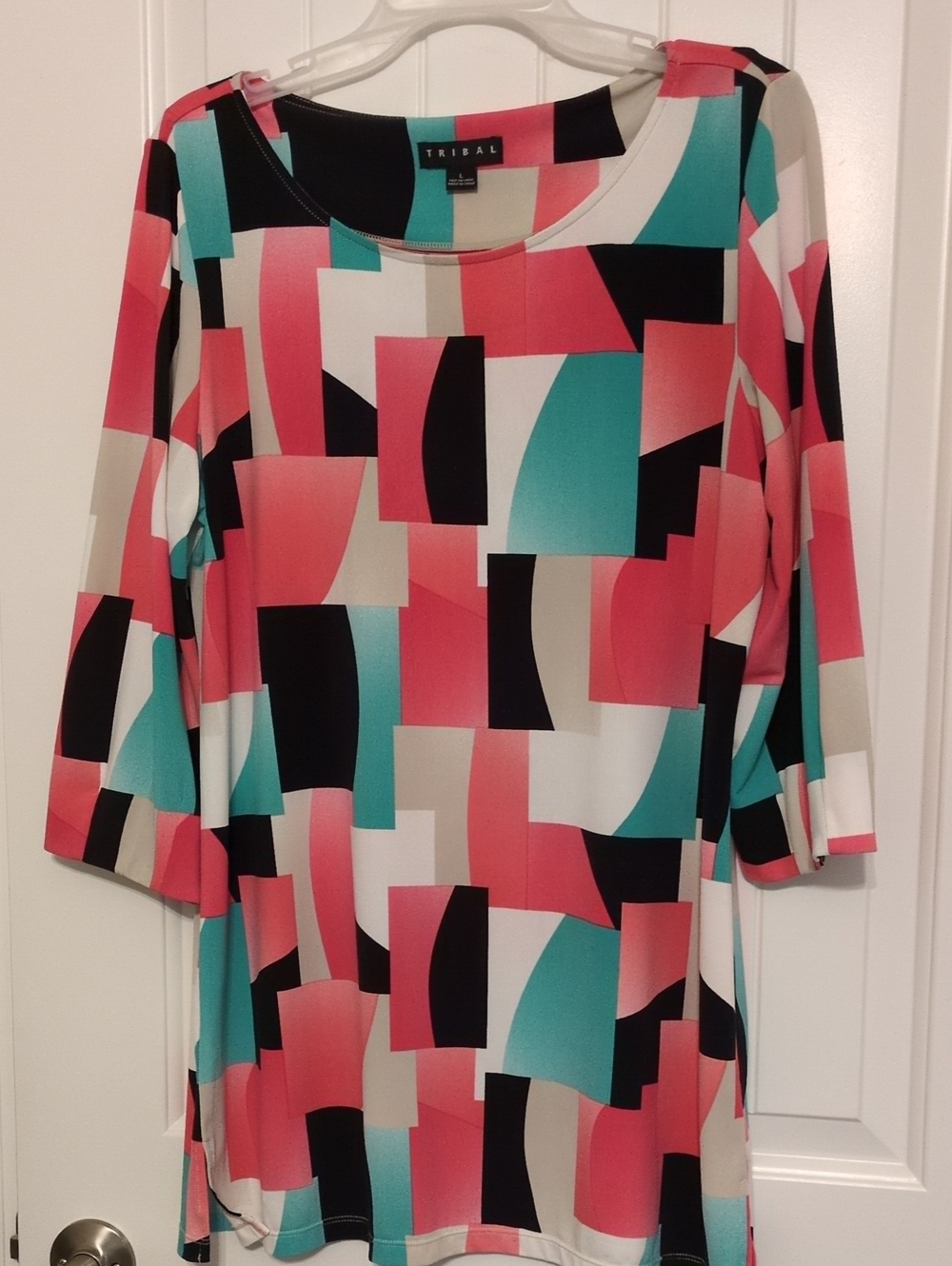 Tribal Coral Teal Black Cream Geometric Scoop Neck Tunic